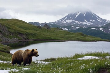 Kamchatka: Bear Ruling the Landscape with Volcano Views and Mountainous Terrain
