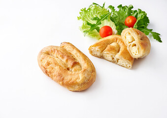 Pastry, cheese pie, tomato pie isolated white background and vegetables.