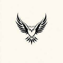 Obraz premium A black and white stylized illustration of a bird with wings spread, in flight, facing forward.