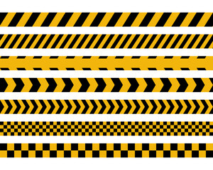 A set of vector yellow and black seamless caution warning tape.  Design concept represents danger lines for crime scenes, construction boundaries, road hazards, hazardous areas, or industrial safety