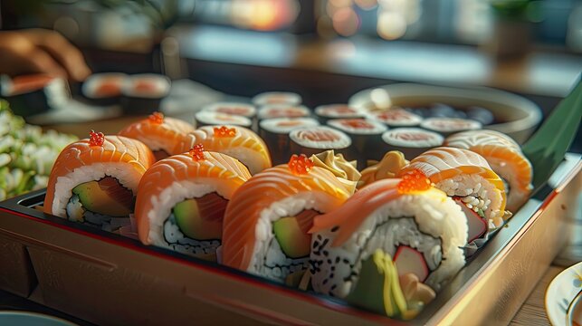 Rolls are in the paper eco boxes Friends are sitting indoors at home and eating sushi together