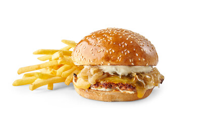 Hamburger and cheeseburger with sauce and green salads isolated white background