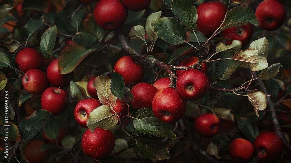 Poster autumnal view of red apple fruits on the tree with branch and leaves at an orchard south korea