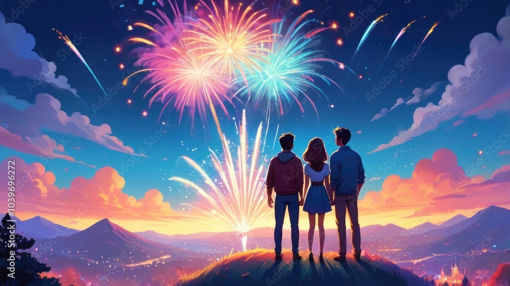 Poster a group of three friends stand on a hilltop, looking at a fireworks display exploding over the city.