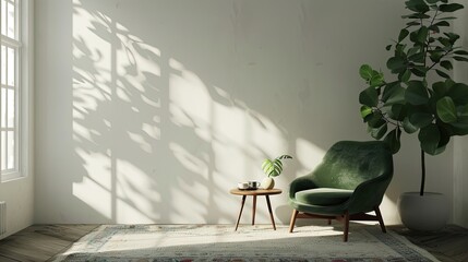 White interior with kale green chair rug and small table