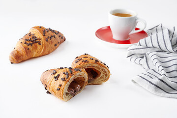 Croissant bakery with chocolate isolated white background style.