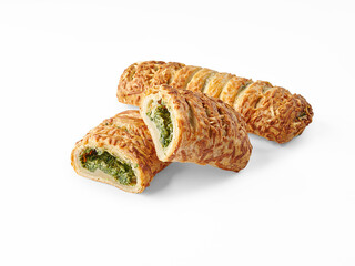 Pastry, cheese pie, tomato pie isolated white background and vegetables.