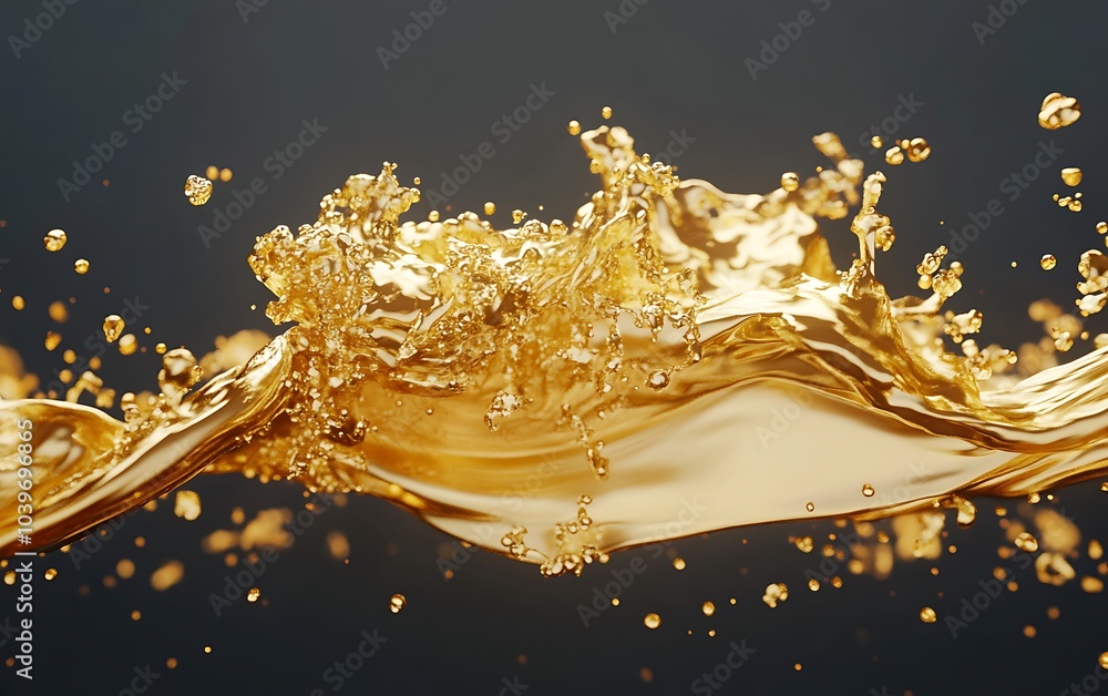 Poster flowing golden fluid with splashing shape background, 3d rendering, generative ai