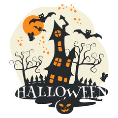 Happy Halloween. Web banner or invitation. Background with bats, ghosts for social networks. Vector illustration. Cobweb, spiders, bats, lettering. Place for text