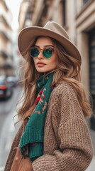 Fototapeta premium Stylish woman in a hat and sunglasses, draped in a cozy scarf, poses confidently on a charming street.