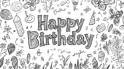 A vibrant birthday celebration with whimsical illustrations and cheerful elements set against a playful backdrop of flowers and treats, coloring page