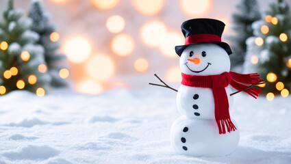 A view of a happy snowman in winter scenery with copy space
