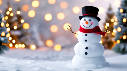 A view of a happy snowman in winter scenery with copy space