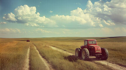 A red tractor is driving across a field.
