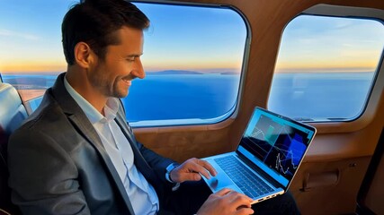 Businessman working on laptop in business jet - Powered by Adobe