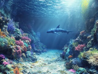 Fototapeta premium Vibrant underwater scene showcasing a shark swimming among colorful coral reefs, illuminated by sun rays filtering through the water.