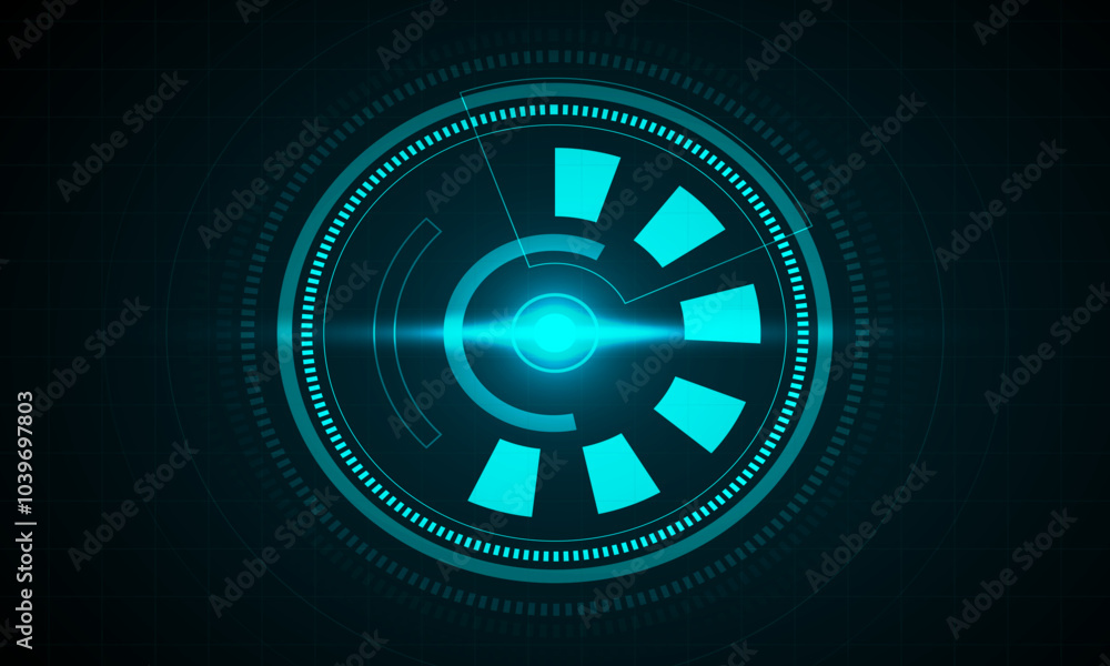 Poster futuristic tech hud interface: cyan and teal digital circle with glowing core