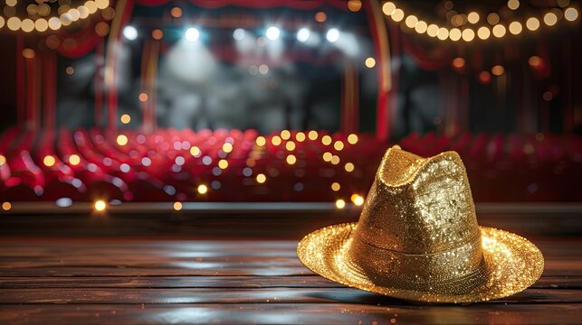 Golden hat costume for drama club showbiz comedian singer dancer performing on stage entertainment industry entertainer presentation invitation to musical theatre show