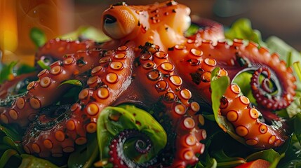 spicy octopus tentacles served with a salad