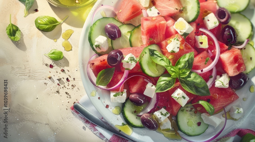 Aufkleber from above summer watermelon salad platter with cucumber red onion cheese olives and basil a portion