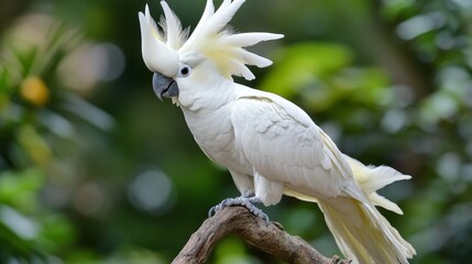  A white cockatoo perches atop a tree branch, wings splayed, head tilted