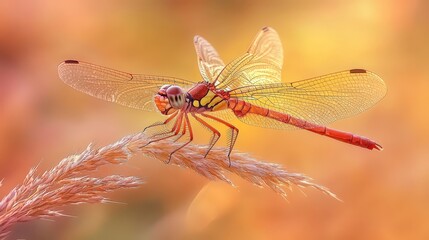  A dragonfly up-close atop a plant against a softly blurred background, framed by a yellow sky