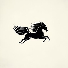 A black silhouette of a winged horse, running with its wings spread wide.