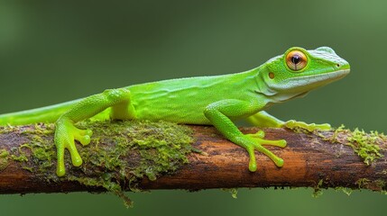 Naklejka premium A green frog perched on a branch, moss adorning its back legs Its eyes fixated on the camera