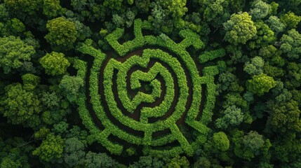 Aerial view of a lush green maze nestled within a vibrant forest during a sunny afternoon