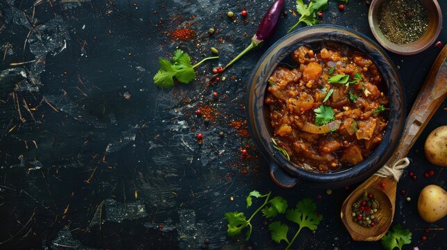 Spicy eggplant curry or aubergine curry cooked with onions potatoes tomatoes and spices north Indian style Baigan sabzi Copy space Top view