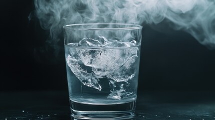 Steam rises from a glass of ice-cold water against a dark background, capturing the contrast of temperature and the beauty of condensation