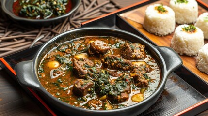 Nigerian Efik Afang vegetable soup with beef served with garri on a ceramic tray