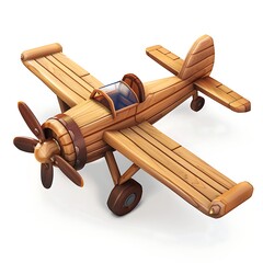 3D wooden airplane toy art style isolated white background, graphic element resource design.