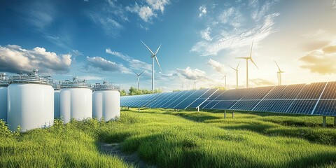 Modern hydrogen energy and battery storage systems, large solar power plants wind turbines, and Li-ion battery containers with blue sky and clouds. 3d rendering. Panoramic view.
