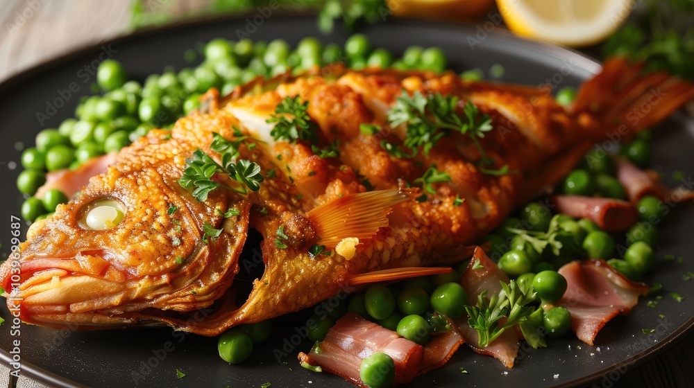 Poster fried fish topped with parsley served with peas and ham selective focus