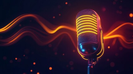 microphone with neon yellow and orange accents, glowing softly against a dark, sleek background.