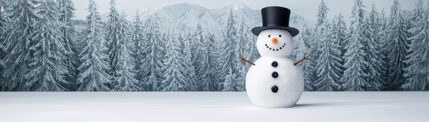 Snowman blending into a frosted winter landscape, with pine trees and mountain backdrop, serene and natural, snowman, frost, nature