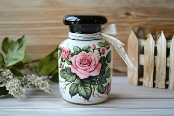 Hand-painted rose garden mini water bottle, featuring pink roses with green leaves and white petals inside the glass jar