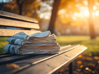 Neatly Folded Stack of Newspapers on Wooden Bench