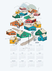 Fototapeta premium Calendar vector template for year 2025 with snowy winter village, landscapes. Isolated calendar dates