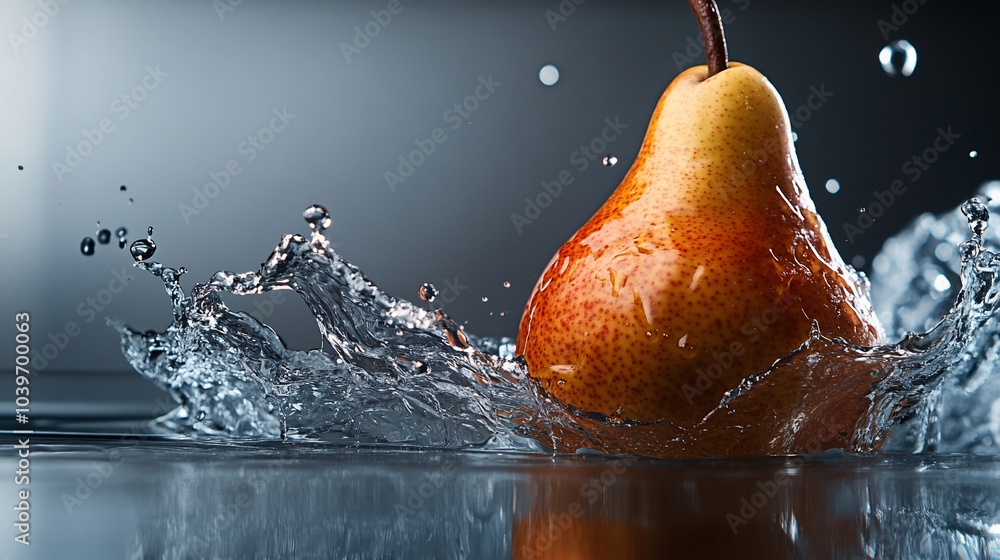 Poster a ripe pear splashing into a pool of water, creating a dramatic wave.