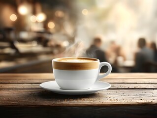 Obraz premium Steaming Espresso Cup on Wooden Table