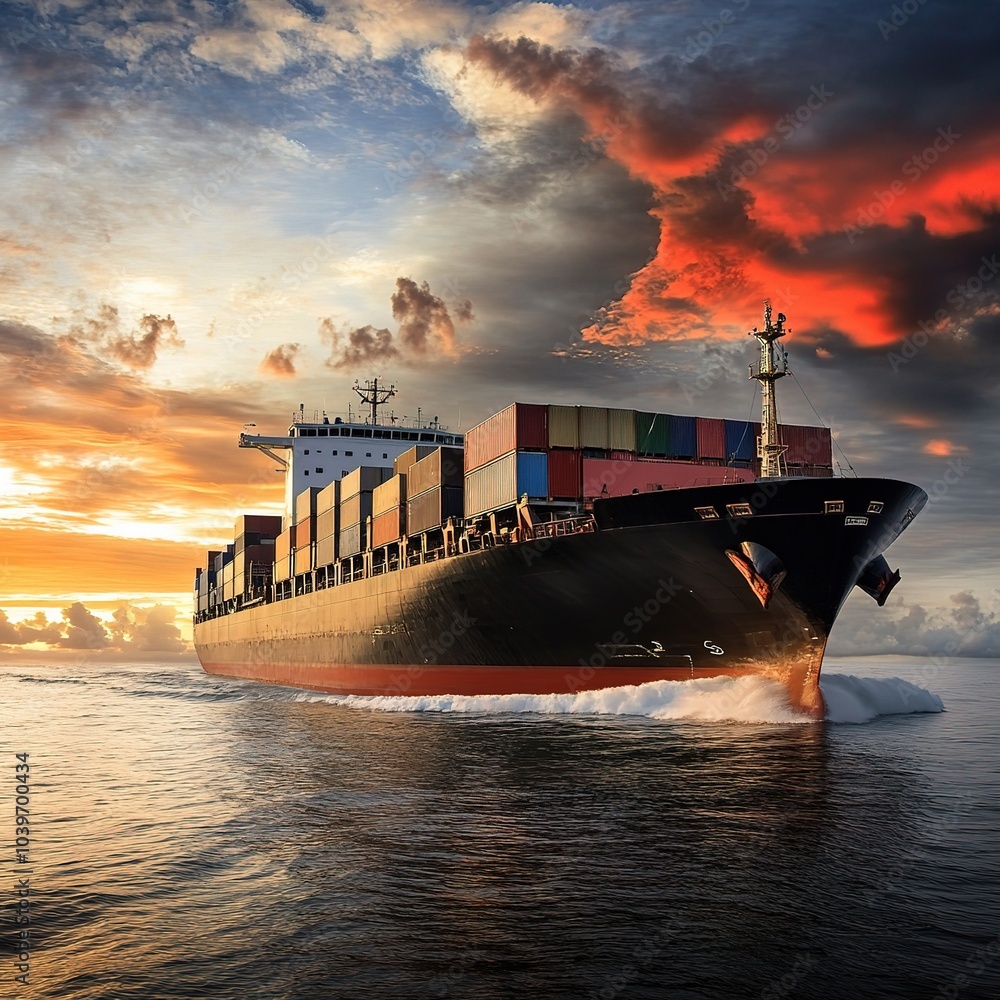 Poster Cargo Ship at Sunset Over Calm Waters