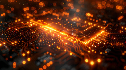 Circuit Board with Orange Glowing Lines Abstract Background