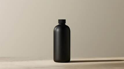 A sleek black bottle with a black lid stands on a light beige surface. The bottle is the focal point against the minimalist background.