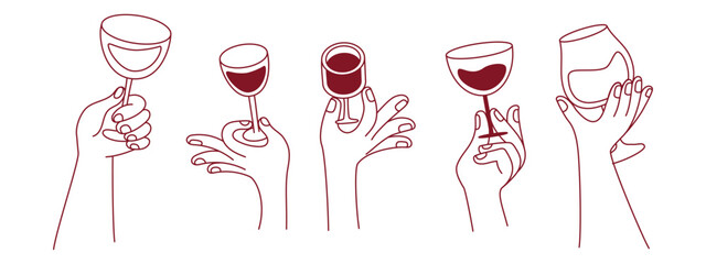 Vector simple minimal linear style illustration with cartoon hands holding wine glasses, celebration and party vibe, invitation design element, banner, template