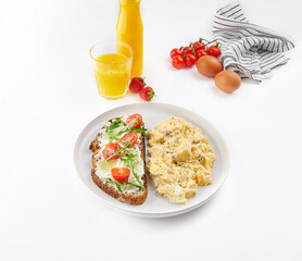 Egg and bread orange juice toast plate white background and isolated.