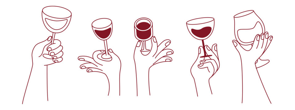 Vector simple minimal linear style illustration with cartoon hands holding wine glasses, celebration and party vibe, invitation design element, banner, template