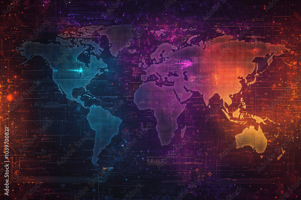 Poster a dark futuristic world map with glowing neon colors and network data points illuminating regions in