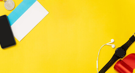 Aerial photograph of part of a team to run a race on a yellow background.Copyspace in the center for advertising local marathons or races.Race team concept.